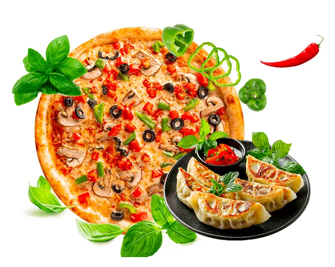 Close-up of a golden-brown pizza crust with bubbling cheese and colorful fresh vegetable toppings